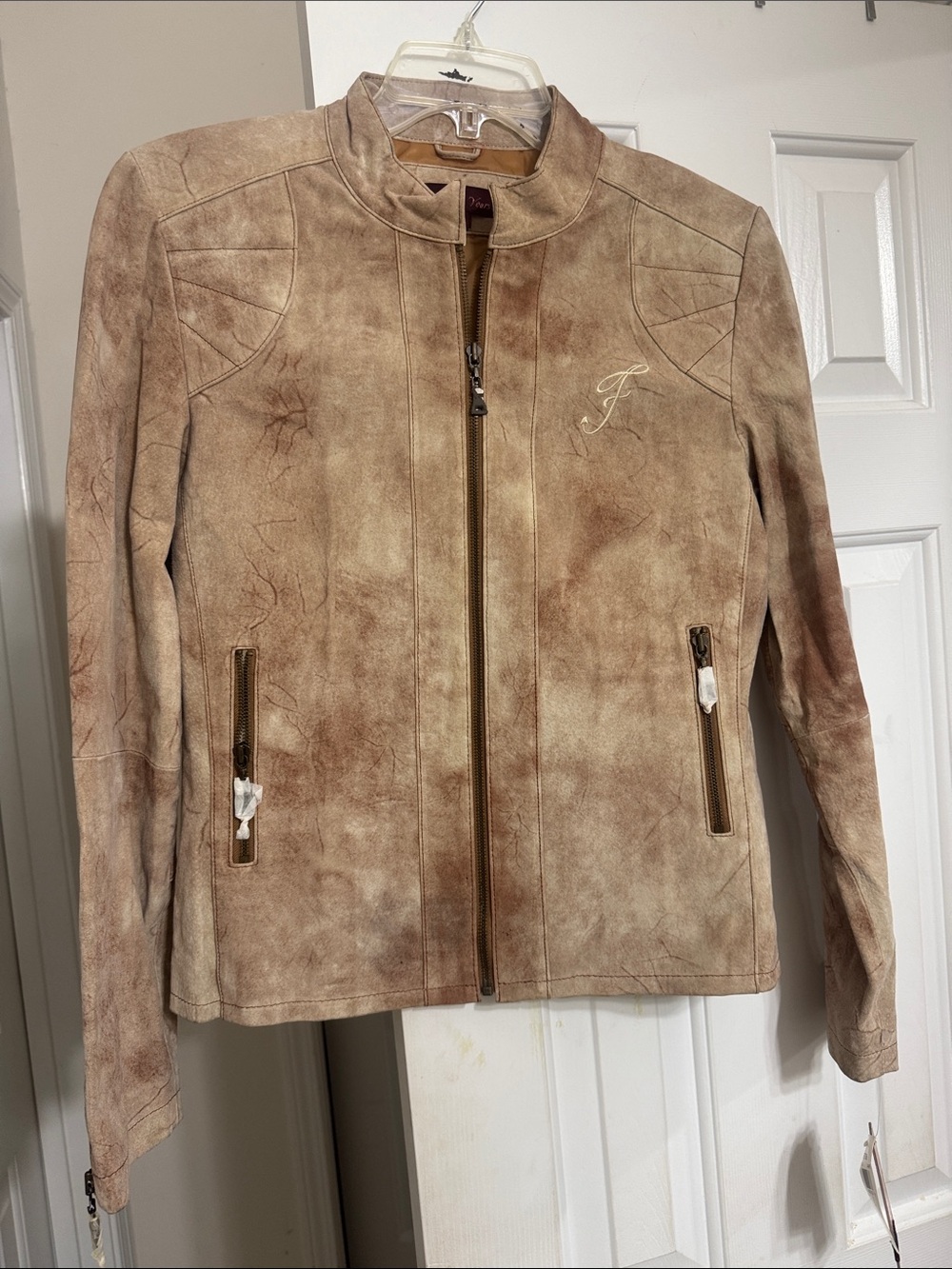 Faux Suede Taupe Zip-Front Jacket with Embroidered Script